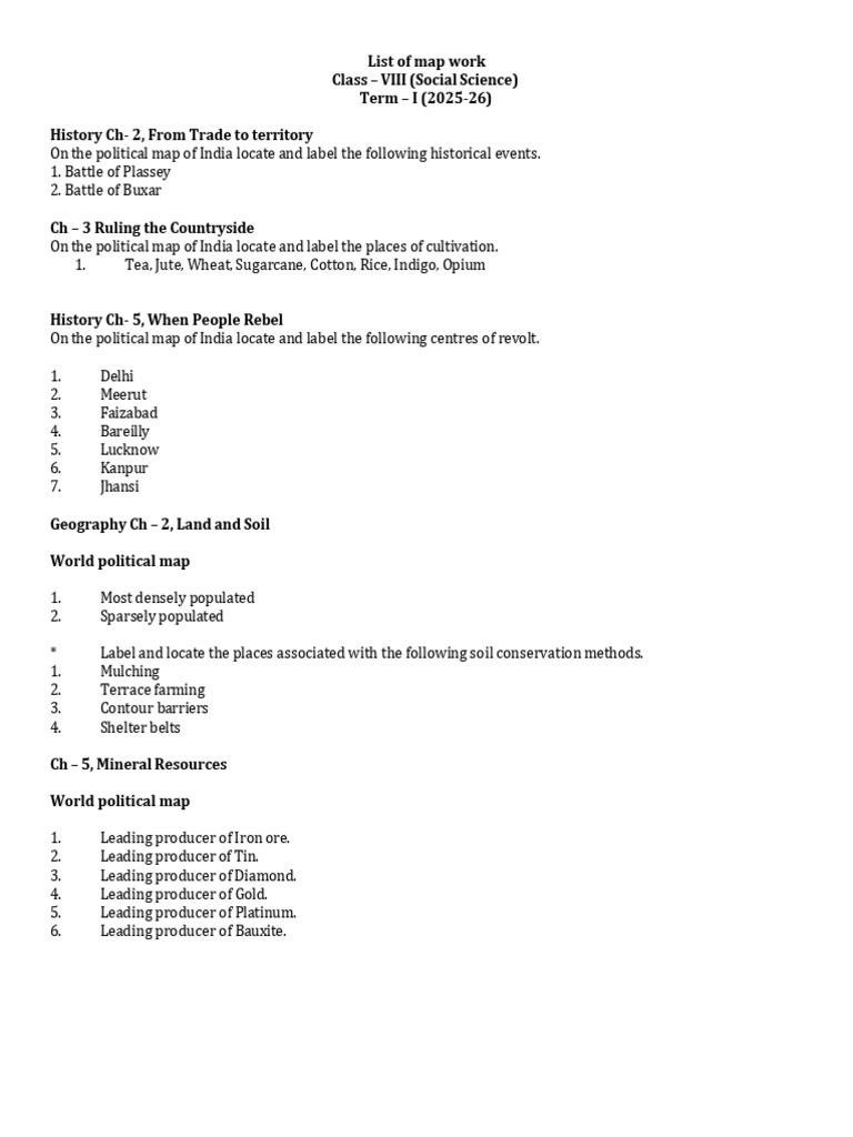 List of Map Work Class - VIII) Term-1 & 2 (1) | PDF