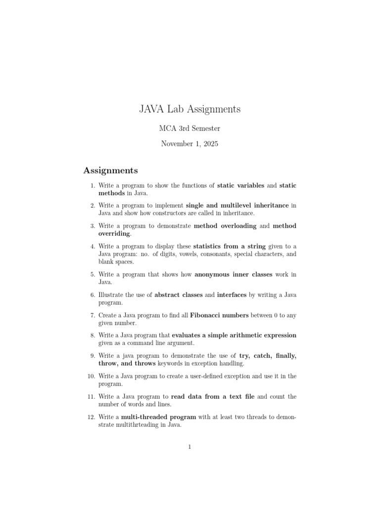Java Lab Assignments for MCA Students | PDF