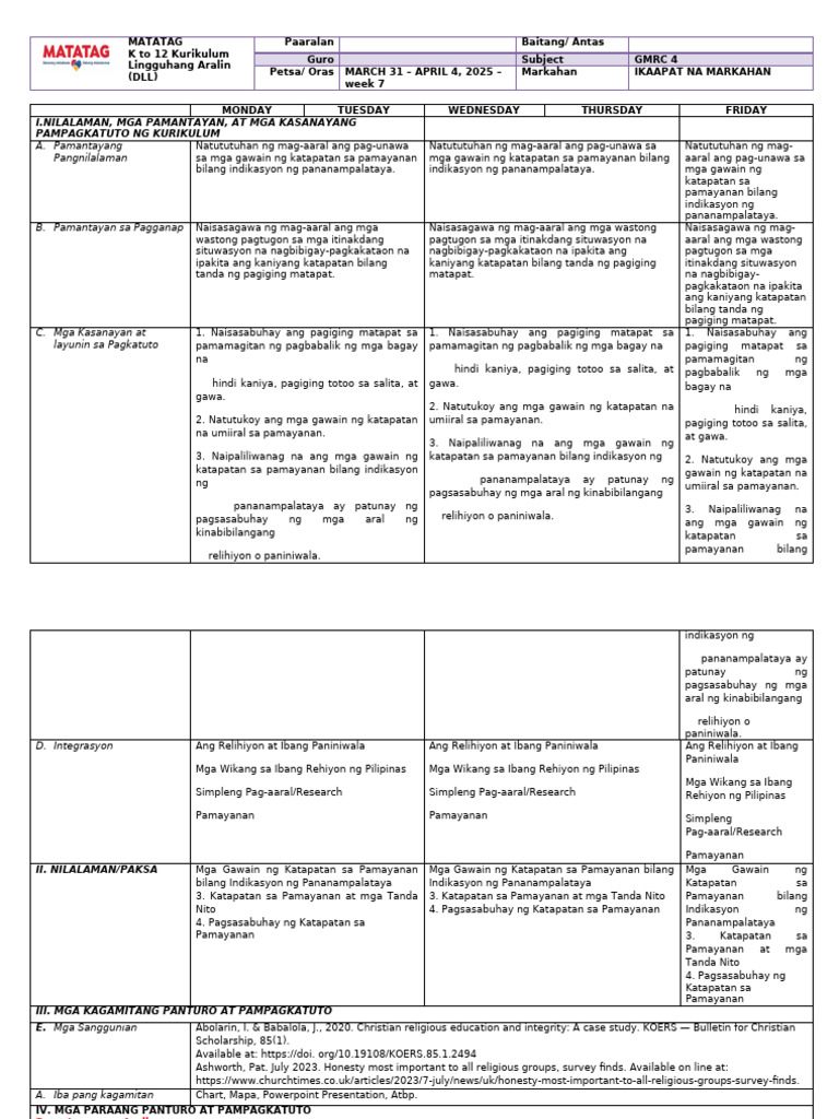 MATATAG DLL WEEK 8 GMRC G4 q4 | PDF