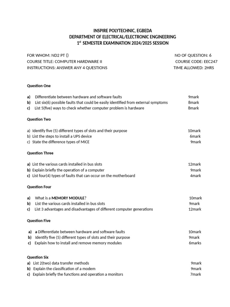 Computer Hardware II Exam Questions | PDF