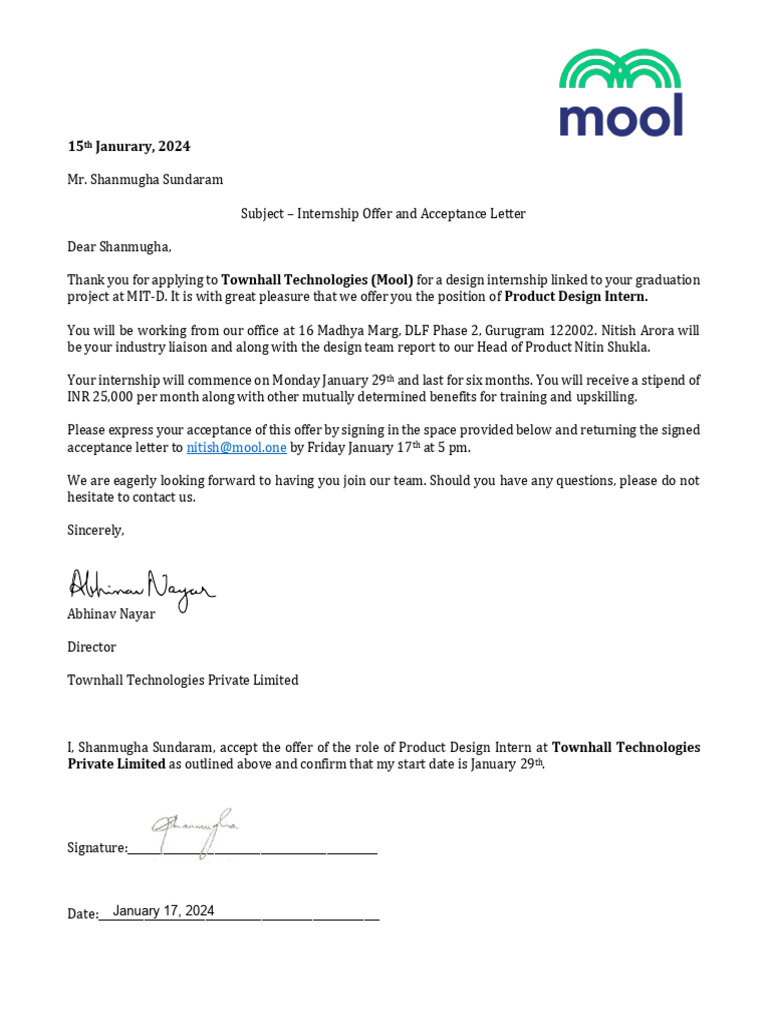 Townhall Technologies_Offer Letter_Design Internship SS-Acceptance | PDF