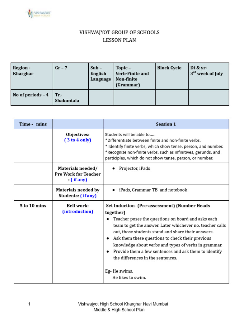 Grade 7 English Lesson Plan on Verbs | PDF | Verb | Semantic Units