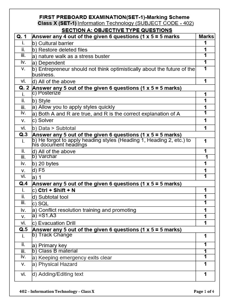Class X IT Preboard Exam Marking Scheme | PDF | Computer File | Databases
