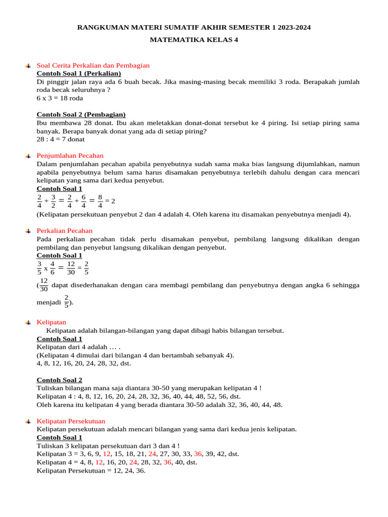 Rangkuman Matematika Kelas 4 Semester 1 | PDF