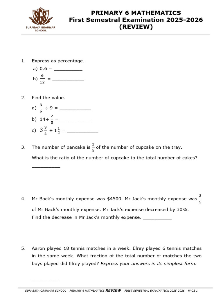 (REVIEW) P6 MATHEMATICS First Semestral Examination 2025-2026 | PDF ...