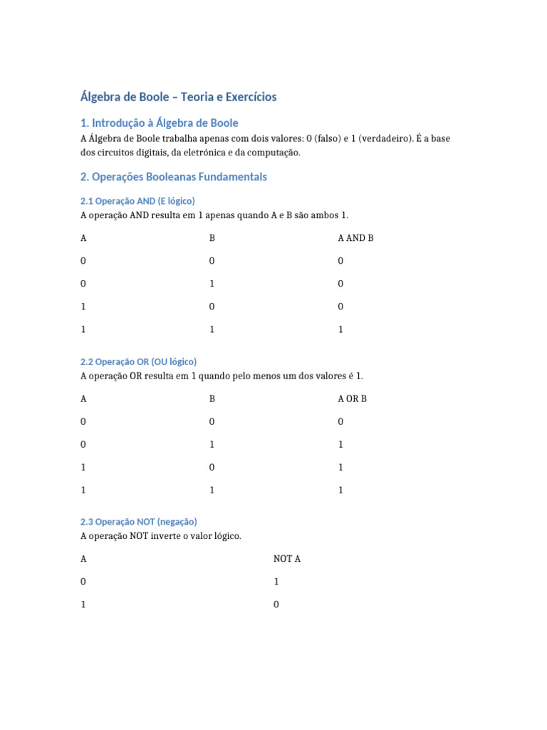 Álgebra de Boole: Teoria e Exercícios | PDF | Álgebra booleana | Ensino ...