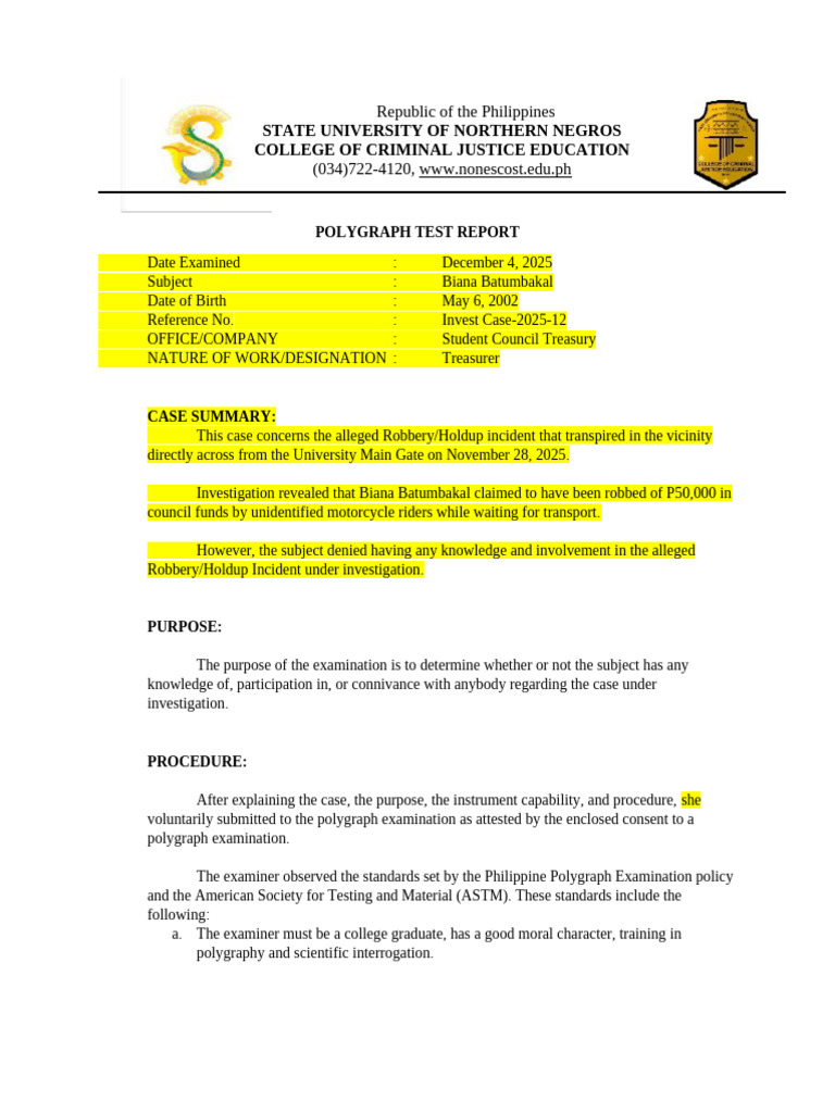 Edited Polygraph Report | PDF | Polygraph