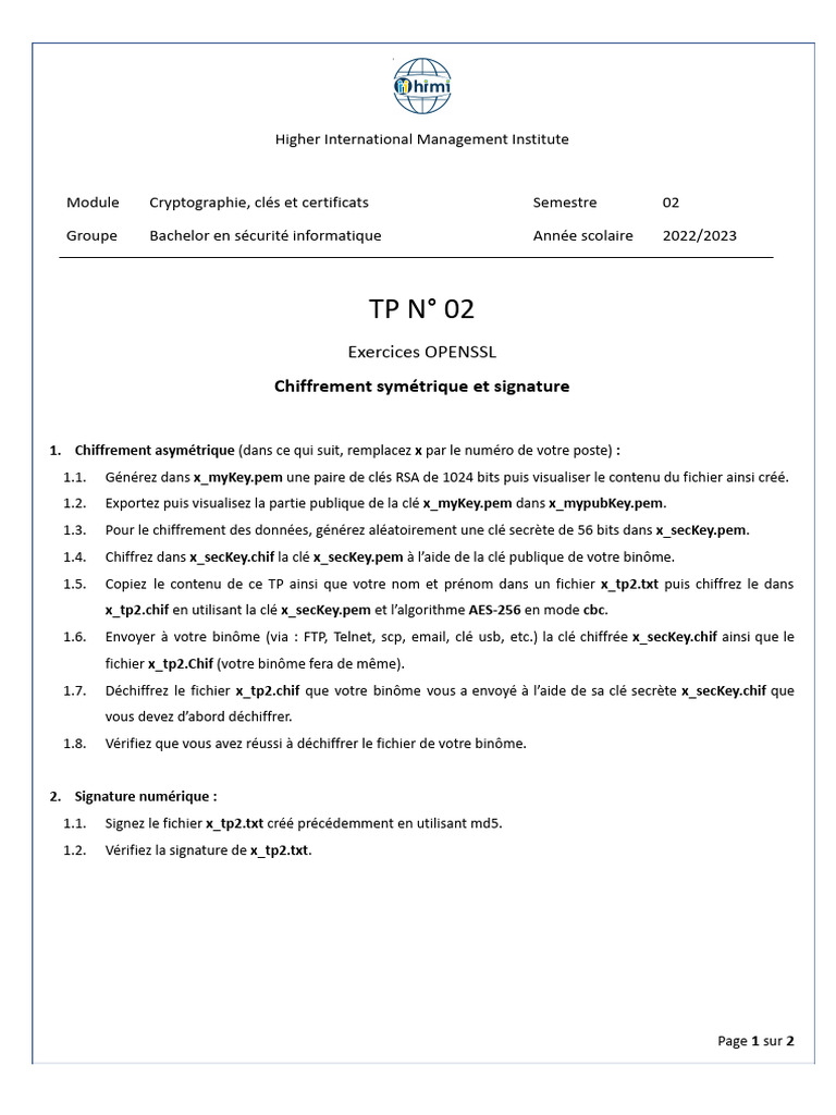 TP Cryptographie : Chiffrement et Signature | PDF | Cryptage | Public ...