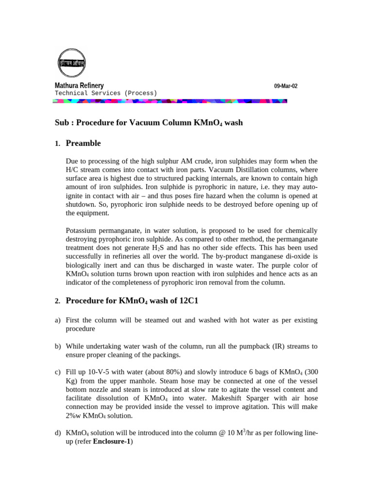 KMnO4 Wash Procedure for Vacuum Columns | PDF | Industrial Processes