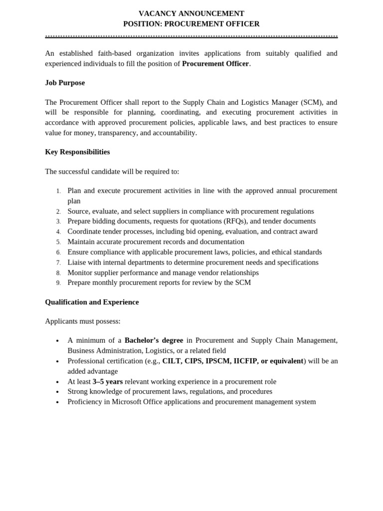 Procurement Officer Vacancy Announcement | PDF | Procurement | Supply ...