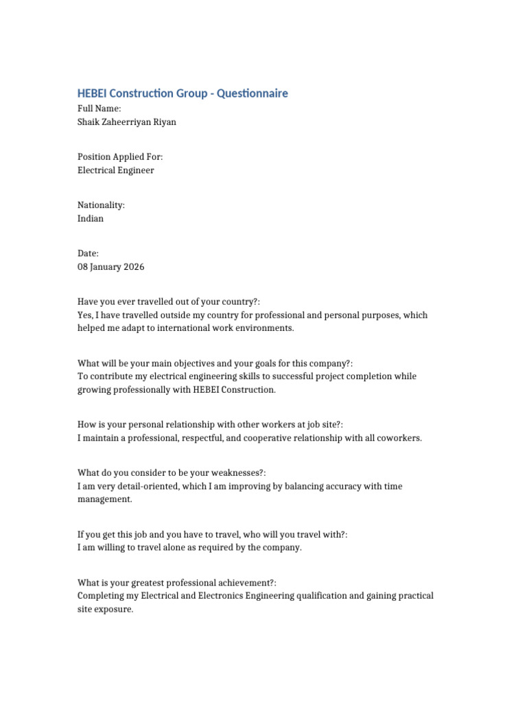 HEBEI Construction Group: Engineer Questionnaire | PDF