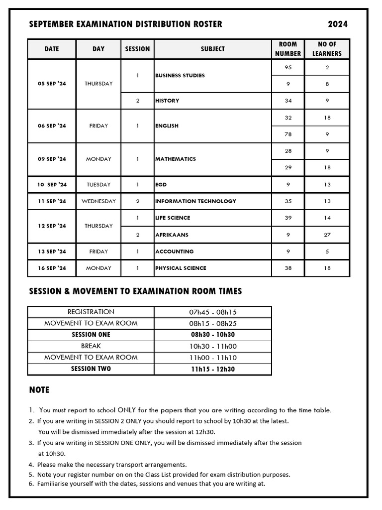 September 2024 Exam Schedule Roster | PDF | Chess Theory | Chess