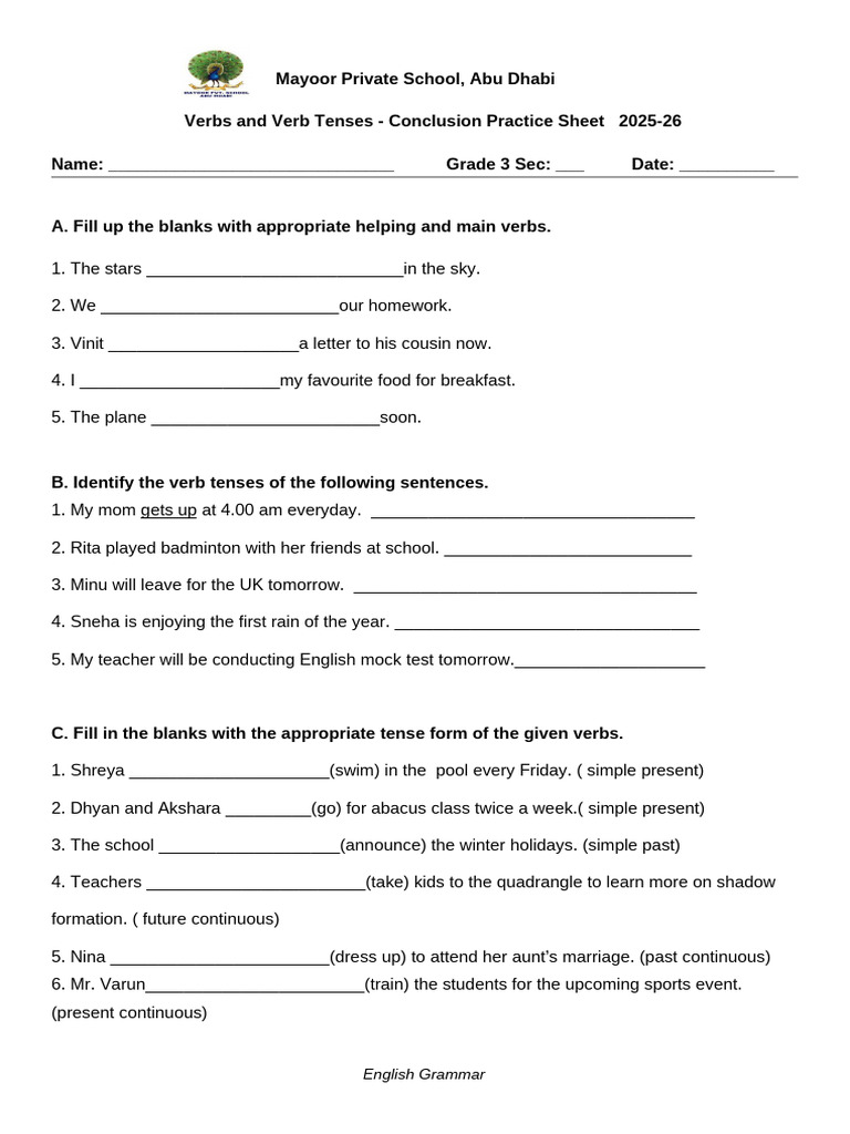 Verbs and Tenses Practice for Grade 3 | PDF