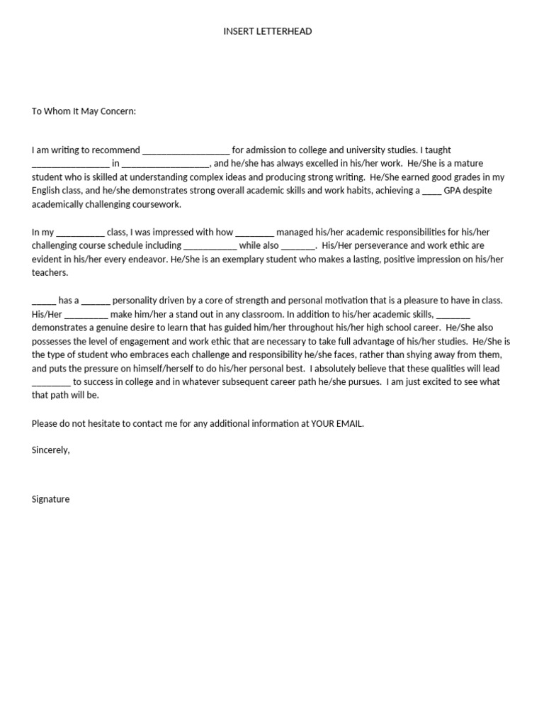 Copy of Updated Template College Recommendation Letter Boehm | PDF