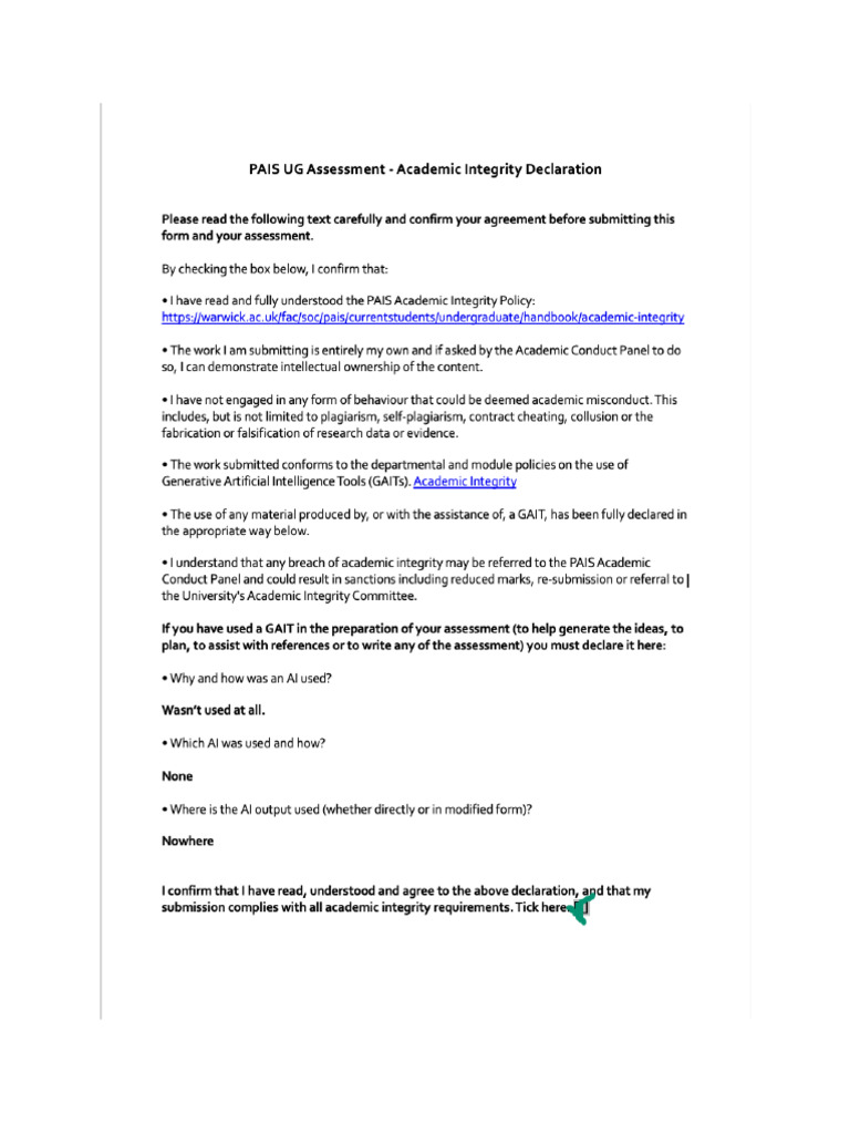 Ai Academic Integrity Form Pais | PDF