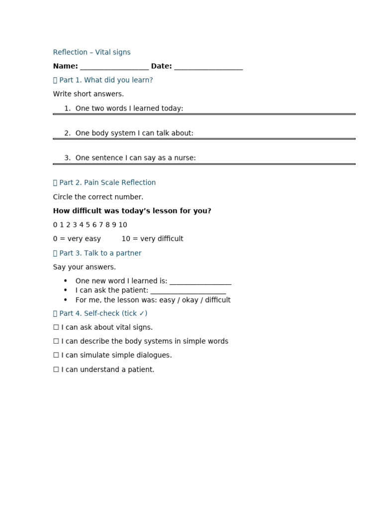 Vital Signs Reflection Exercise | PDF