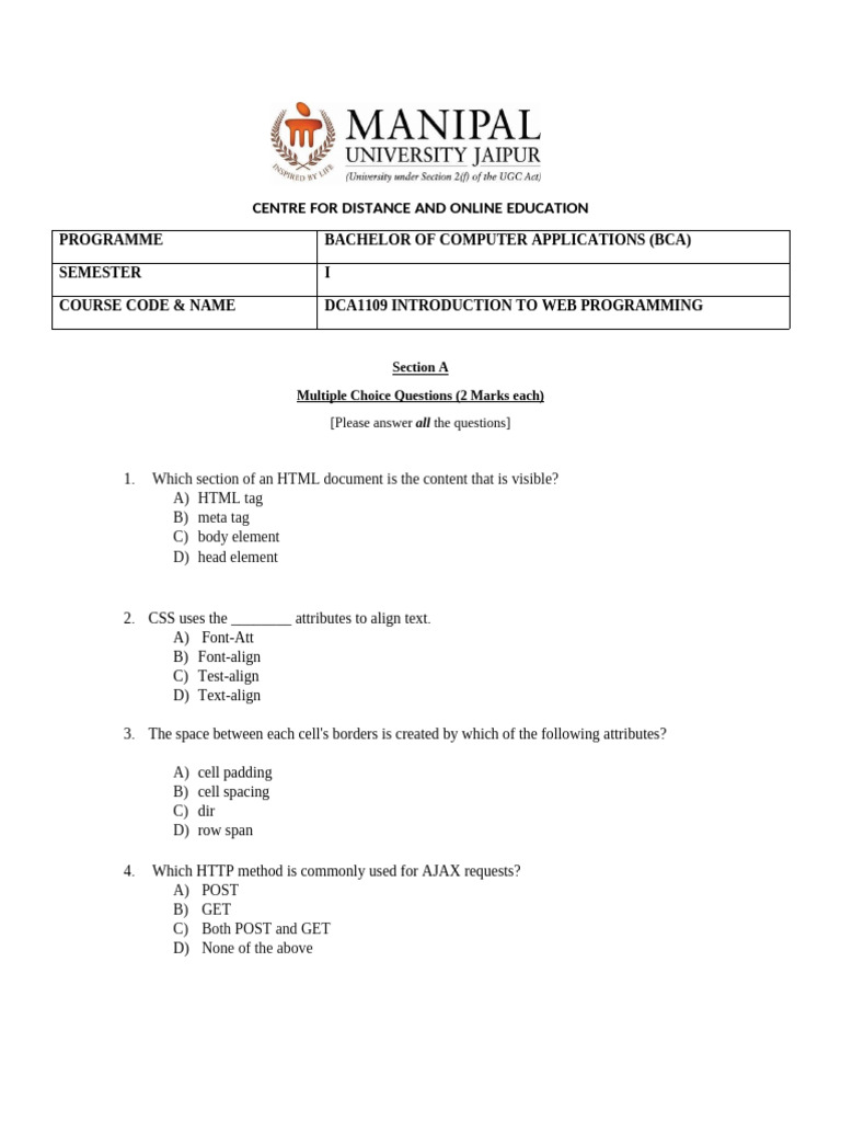 BCA Web Programming Exam Questions | PDF | Html | World Wide Web