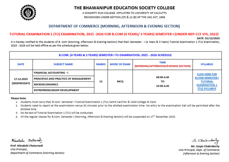 B.Com Semester I TU Exam Schedule 2025 | PDF | Qualifications