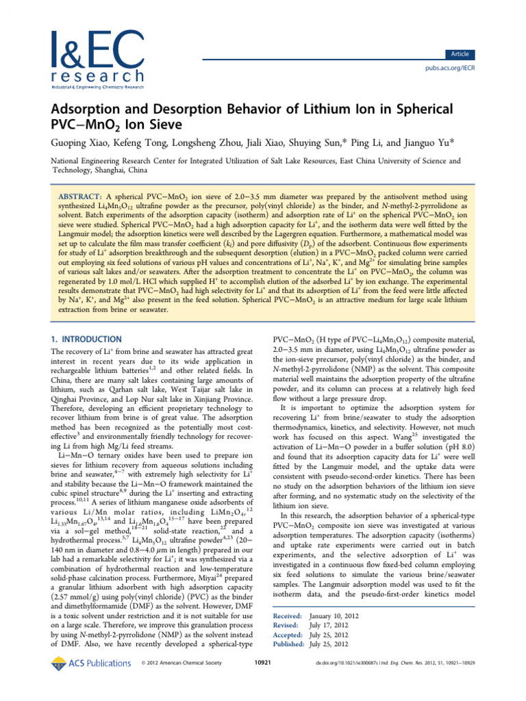 AdsorptionandDesorptionBehaviorofLithiumIoninSphericalPVCMnO2IonSieve ...