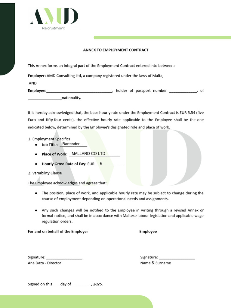 Employment Contract Annex for Bartender | PDF