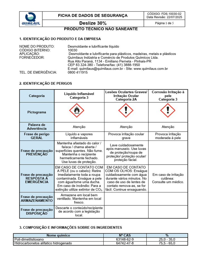 Ficha de Segurança: Desmoldante Líquido | PDF | Toxicidade | Incêndios