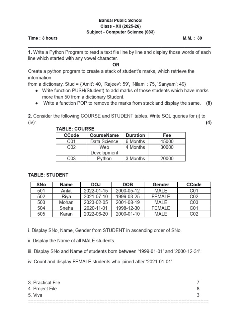 Computer Science Class XII Exam Guide | PDF