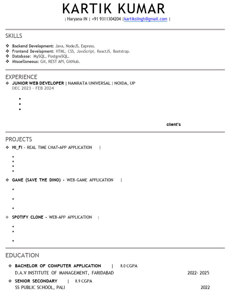 Web Developer Resume - Kartik Kumar | PDF