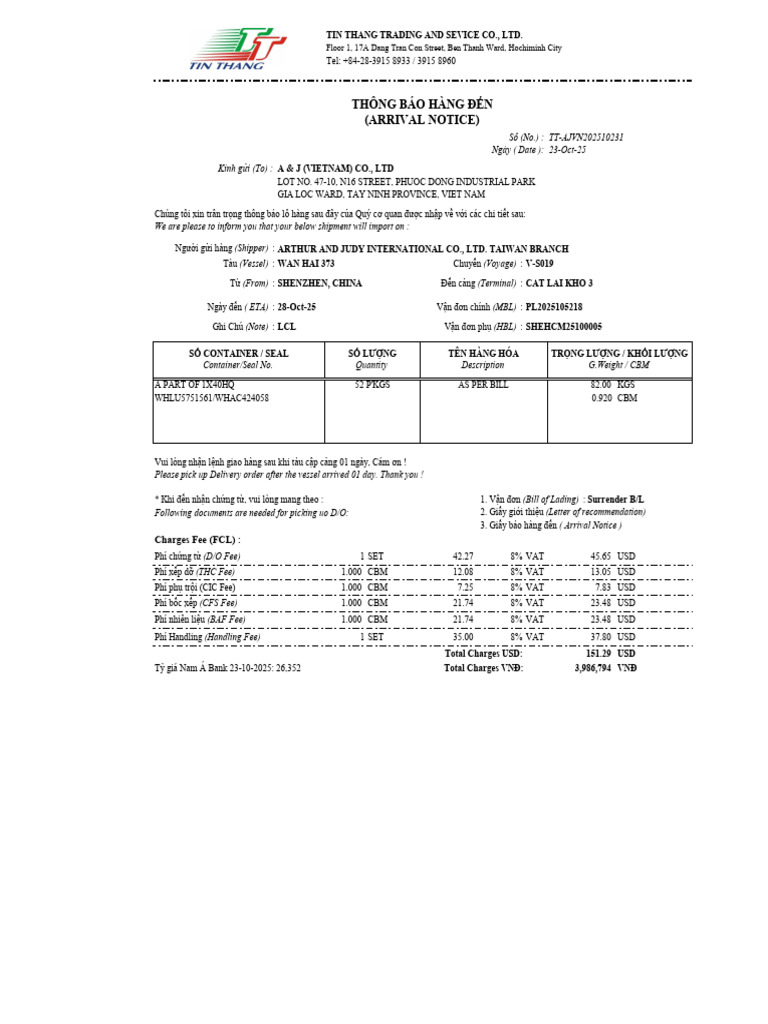 Arrival Note 28-10-2025 | PDF