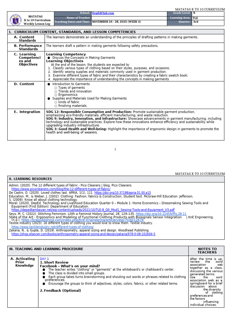 TLE Grade 8 Weekly Lesson Log: Garments | PDF | Textiles | Clothing