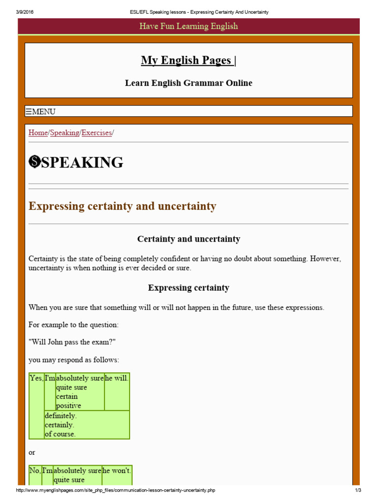 ESL Speaking: Certainty vs Uncertainty | PDF | English As A Second Or ...