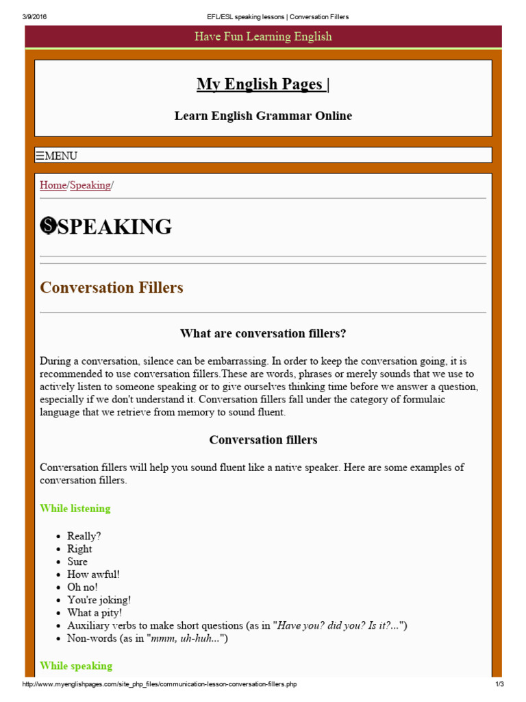 Essential Conversation Fillers for ESL | PDF | English Language ...