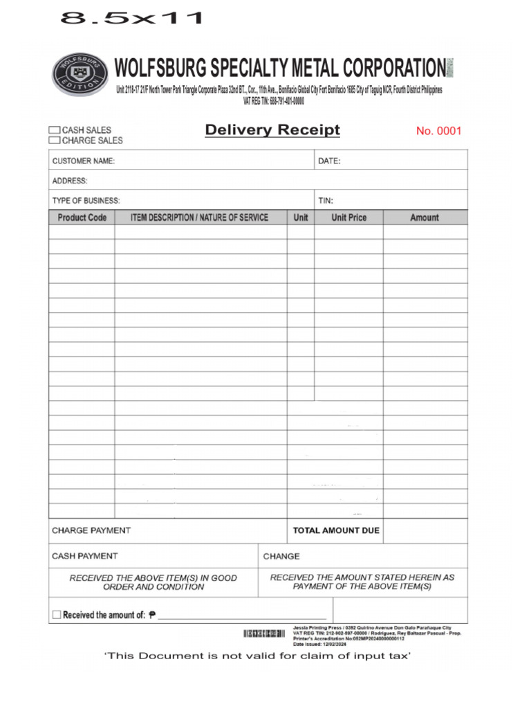 Wolfsburg Specialty Metal Delivery Receipt | PDF