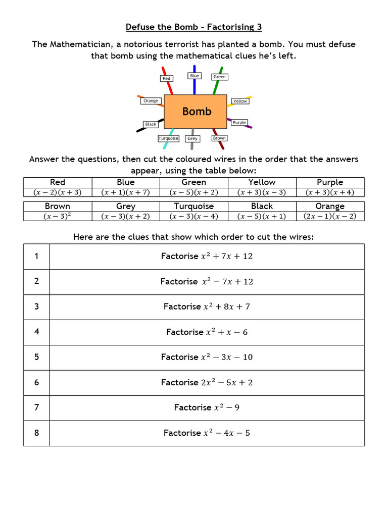 Defuse the Bomb Factorising 3 Questions | PDF