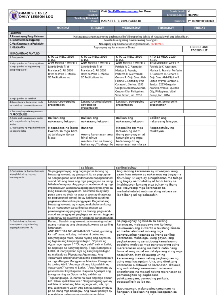 DLL - Filipino 6 - Q3 - W8 | PDF