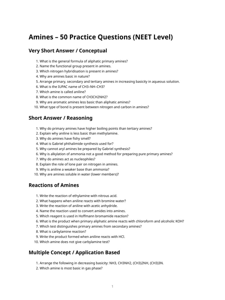Amines – 50 Practice Questions (Neet Level) (10) | PDF | Amine ...