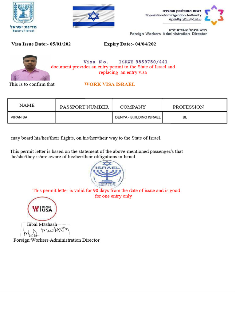 Israel Work Visa Permit Letter | PDF