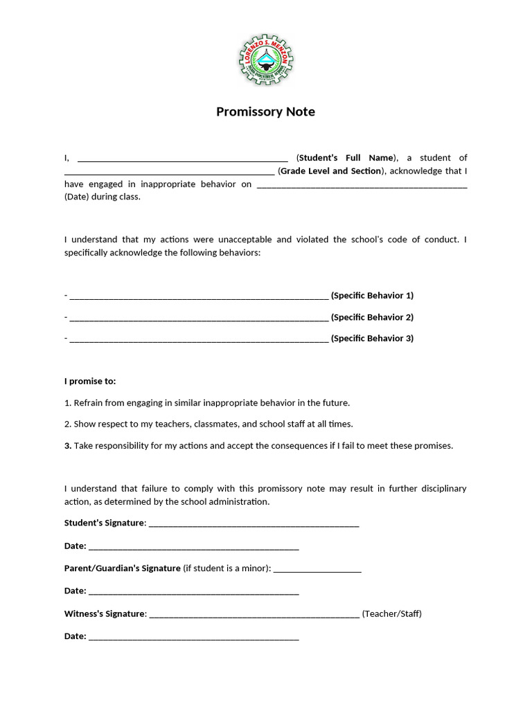 Student Behavior Promissory Note Template | PDF