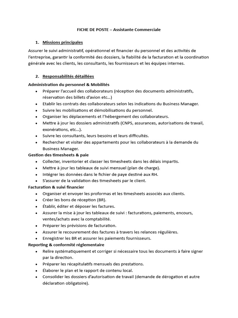 Fiche de Poste : Assistante Commerciale | PDF | Facture | Business