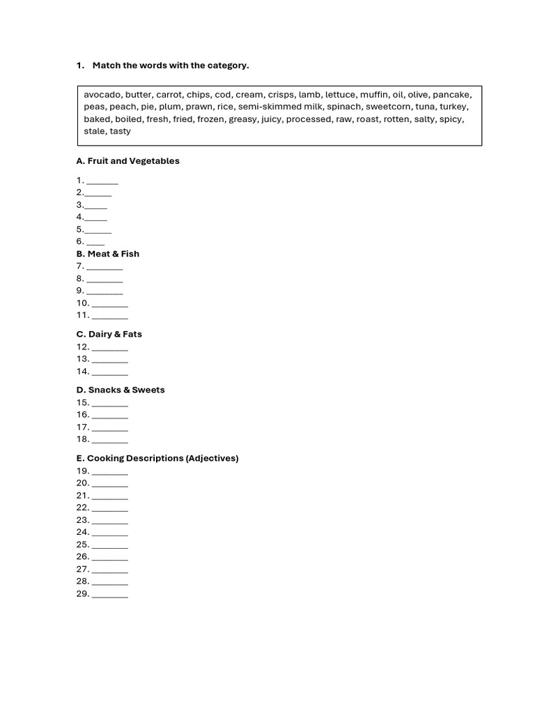 Food Vocabulary and Exercises Guide | PDF | Lunch | Cuisine