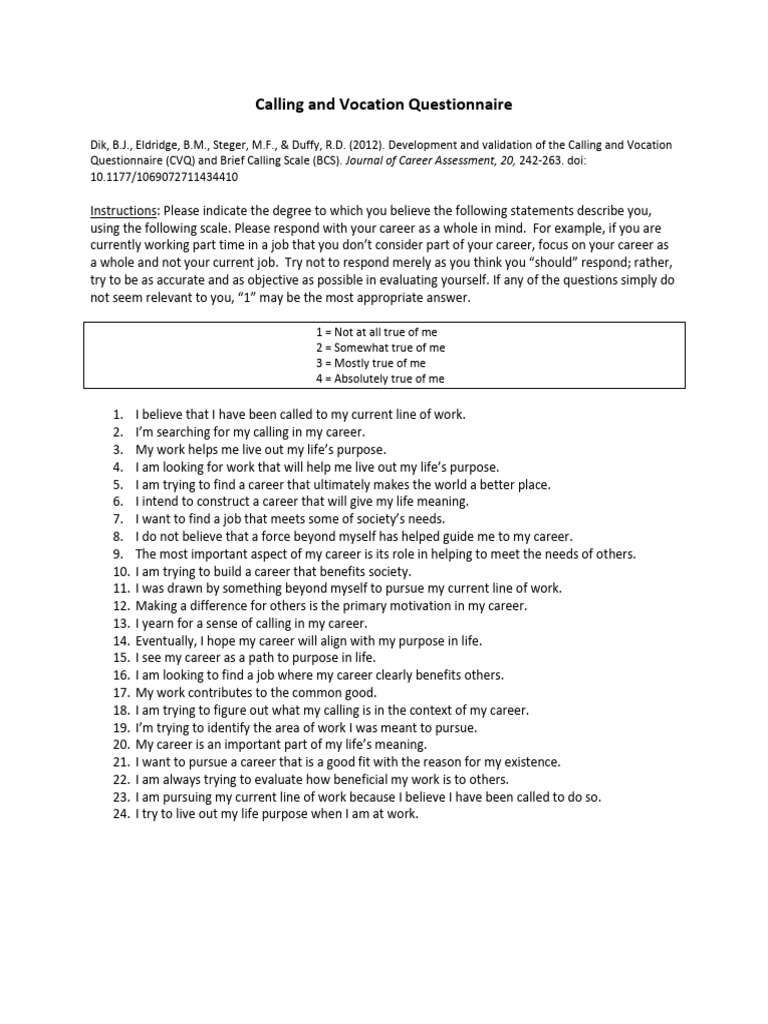 Calling and Vocation Questionnaire (CVQ) | PDF | Behavioural Sciences ...
