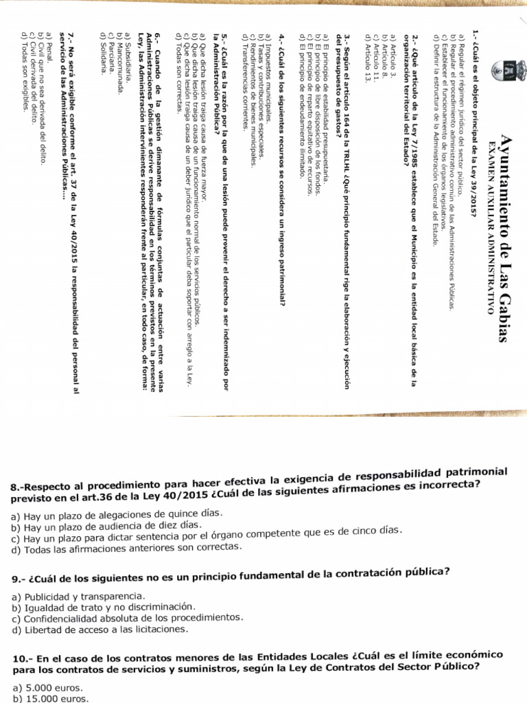 Test Auxiliar Admin Ayto Las Gabias - 2025 | PDF | Gobierno local ...