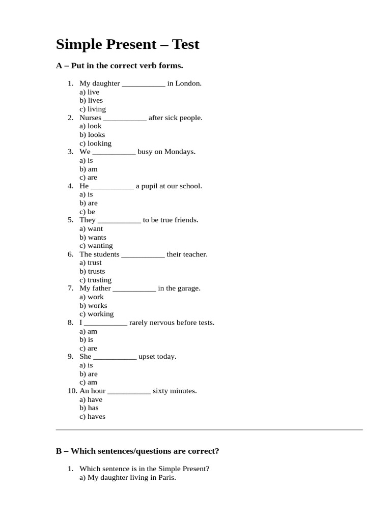 Present Simple A2 TEST | PDF | Linguistics | Chess Openings