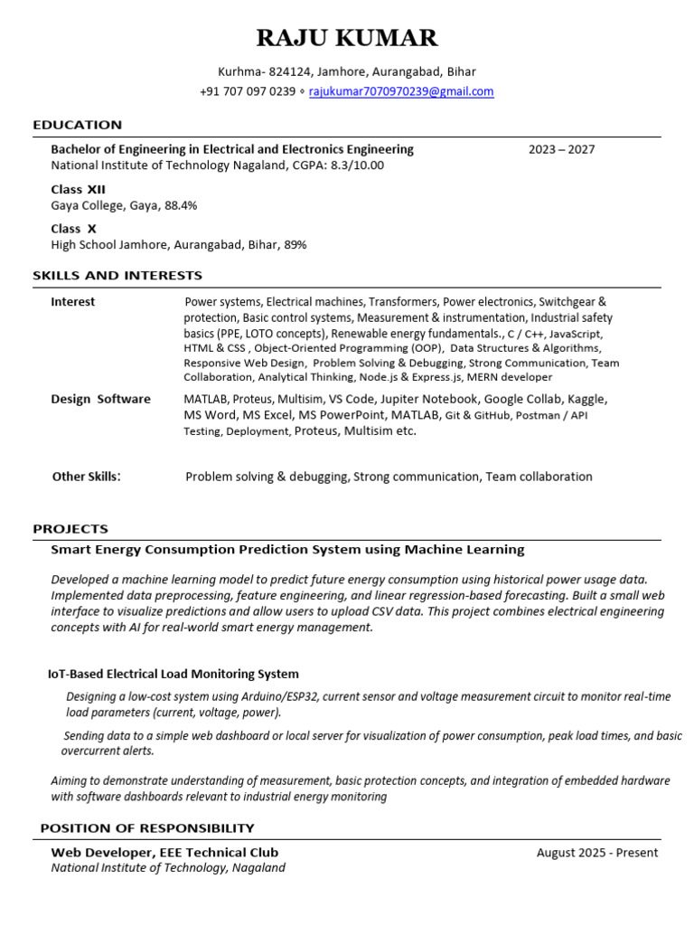 Raju CV(Electrical) | PDF | Electrical Engineering | Engineering
