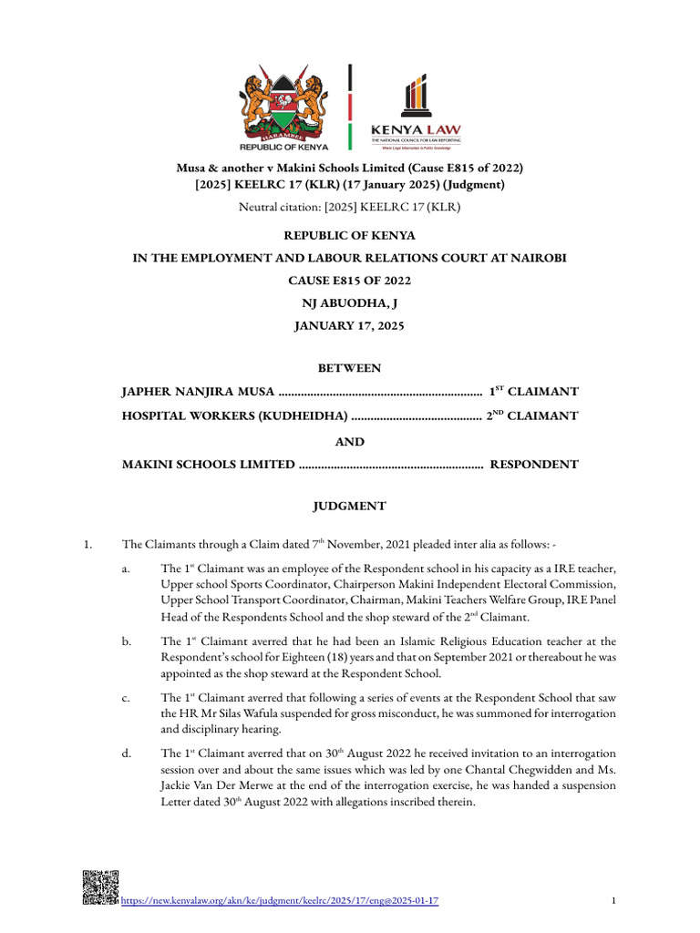Employment Dispute: Musa v Makini Schools | PDF | Employment | Defamation