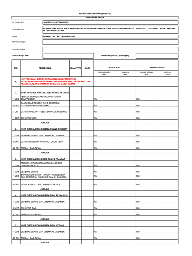 Borang Harga Manual-Maklumat Pembaikan Aircond-S56 | PDF
