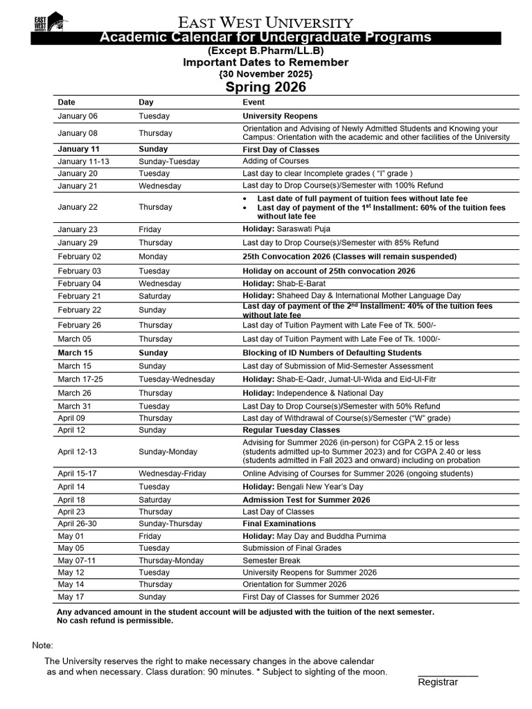 East West University Spring 2026 Calendar | PDF | Academic Term ...