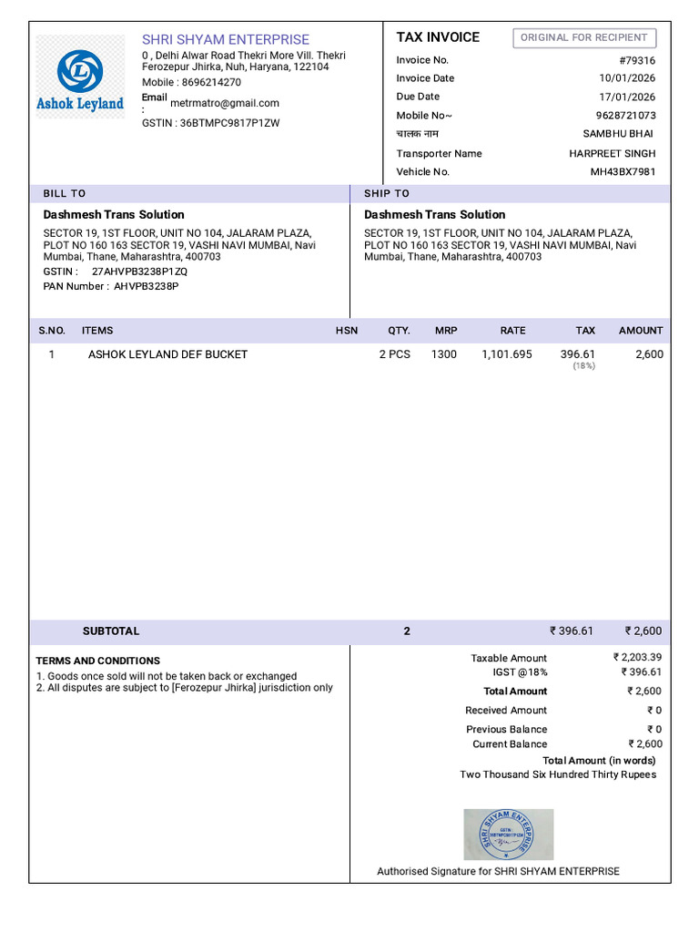 _79316-sales_invoice-Dashmesh_Trans_Solution | PDF | Taxation | Economy ...