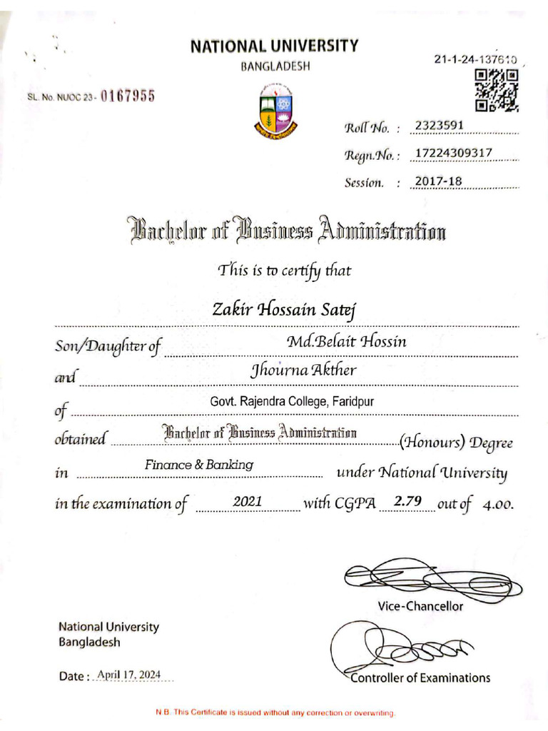 BBA Certificate & Transcript | PDF