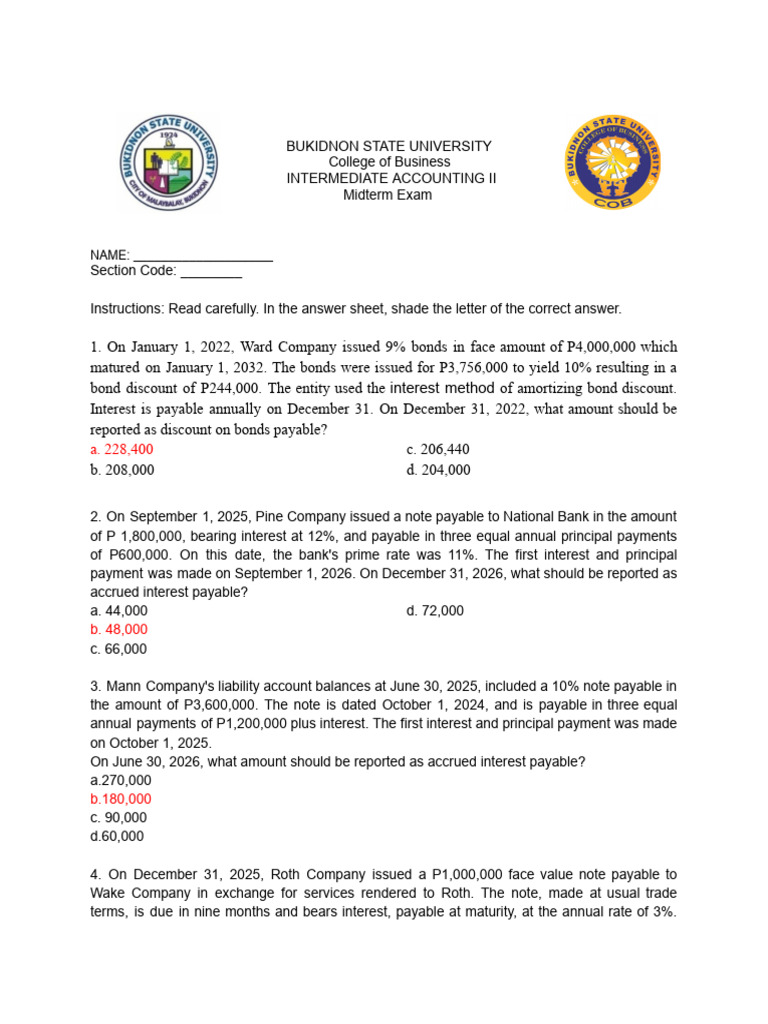 Intermediate Accounting II Midterm Exam | PDF | Bonds (Finance ...