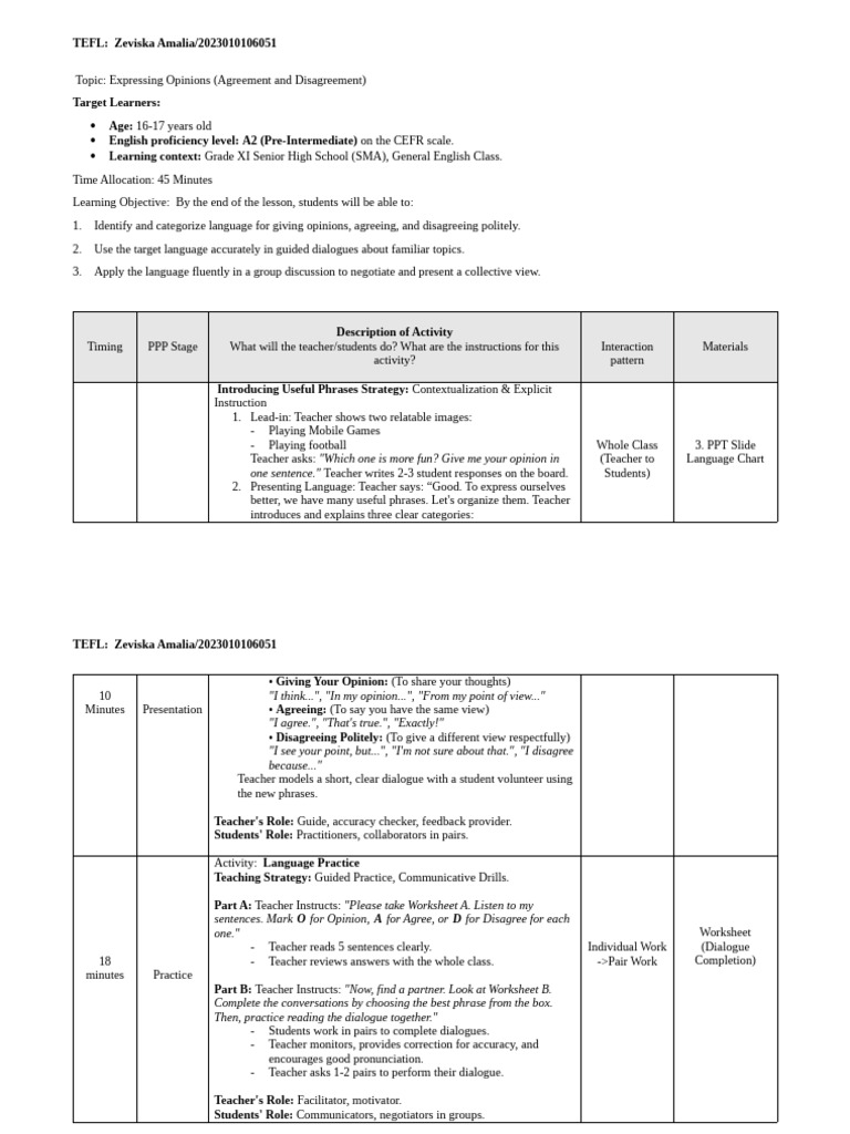 Lesson Planning_ Tefl Final Exam_Zeviska Amalia | PDF | Communication ...